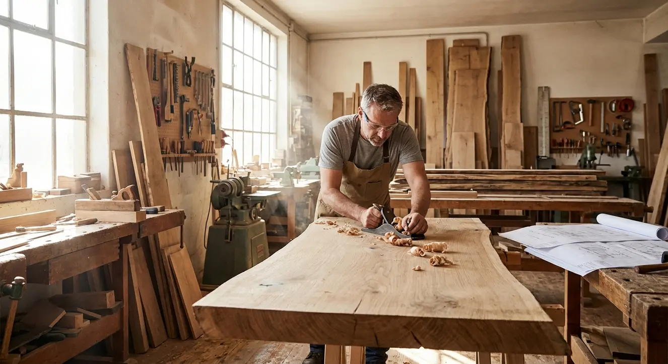 Intérieur d’atelier artisanal de menuiserie avec un artisan à l’œuvre sur un plan de travail en bois massif
