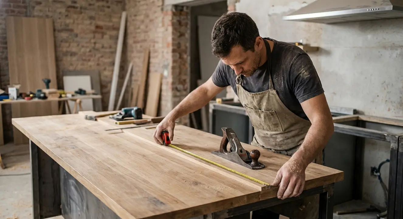Scène de chantier de rénovation de cuisine avec artisan en train d’ajuster un plan de travail sur mesure