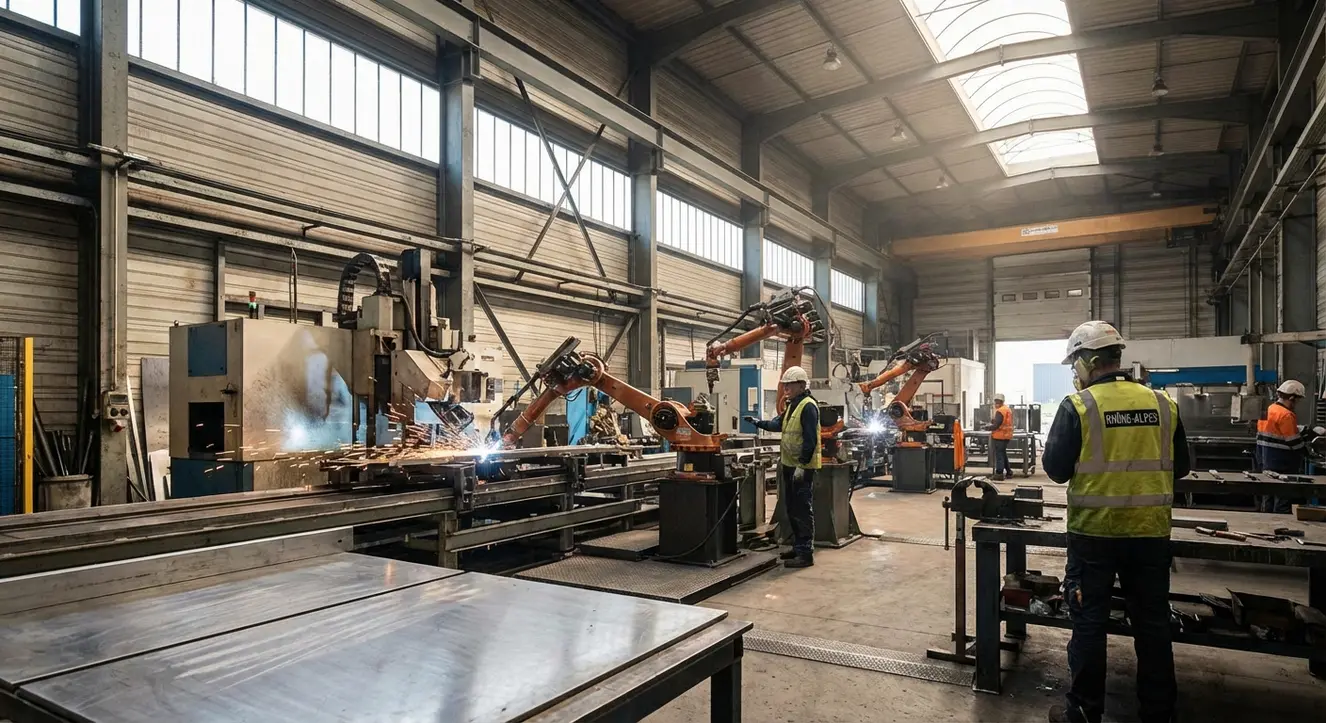 Pourquoi le Direct Usine séduit en Rhône-Alpes ? - Illustration Atelier industriel moderne en Rhône-Alpes, machines complexes en action, atmosphère vive et dynamique, lumière naturelle filtrée