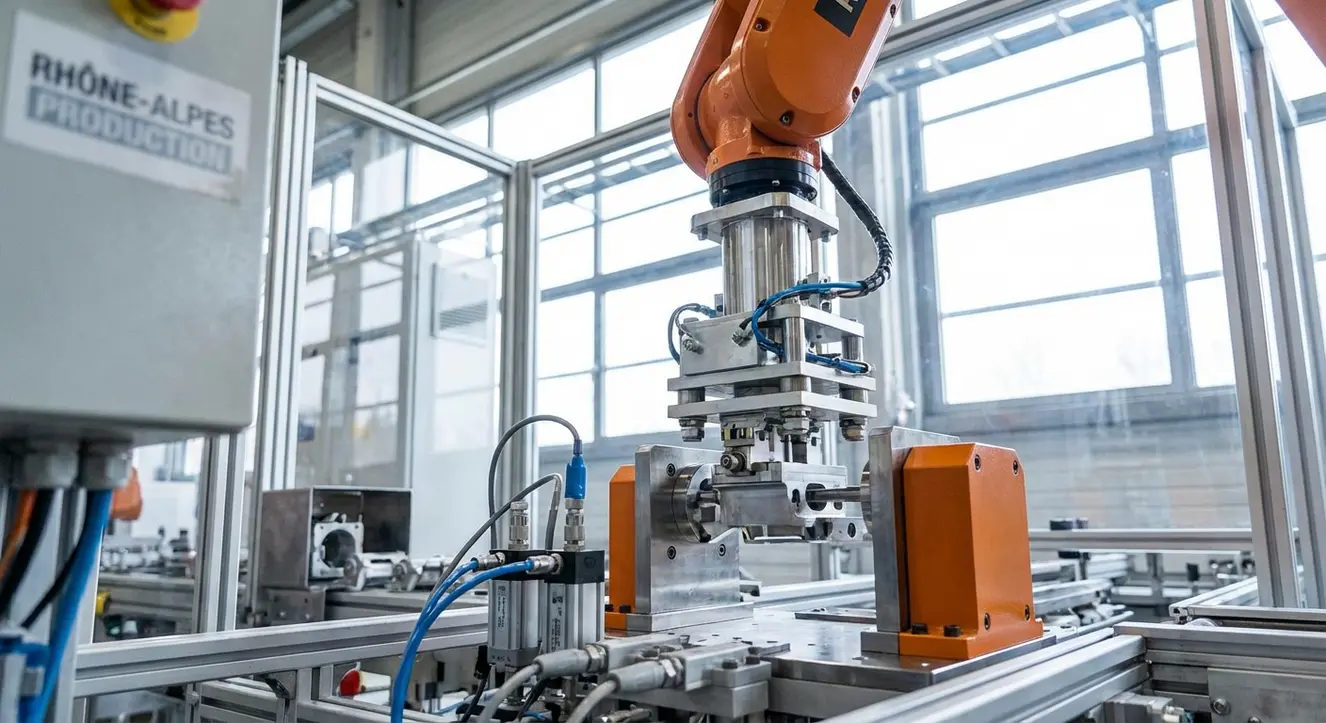 Pourquoi le Direct Usine séduit en Rhône-Alpes ? - Illustration Gros plan d’une chaîne de montage robotisée dans une usine high-tech en Rhône-Alpes, puissance et précision visibles dans le détail des machines et capteurs