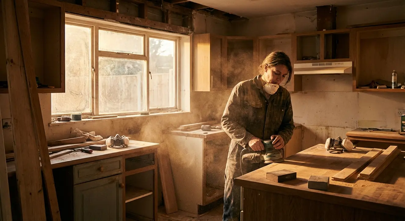Atelier de rénovation avec outils de ponçage, poussière en suspension dans la lumière naturelle, ambiance de chantier en fin de journée