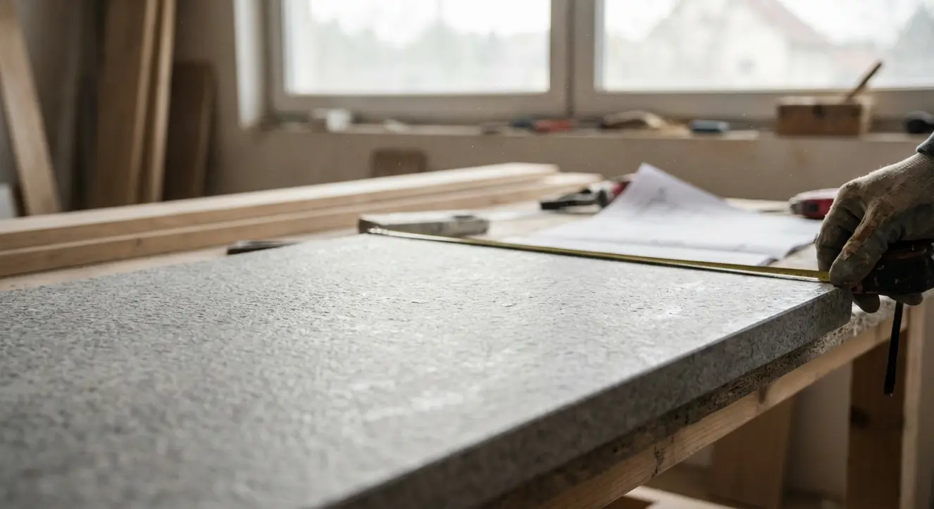 Gros plan sur un plan de travail de cuisine en quartz, lumière naturelle mettant en valeur la texture et la finition, ambiance atelier de menuiserie haut de gamme