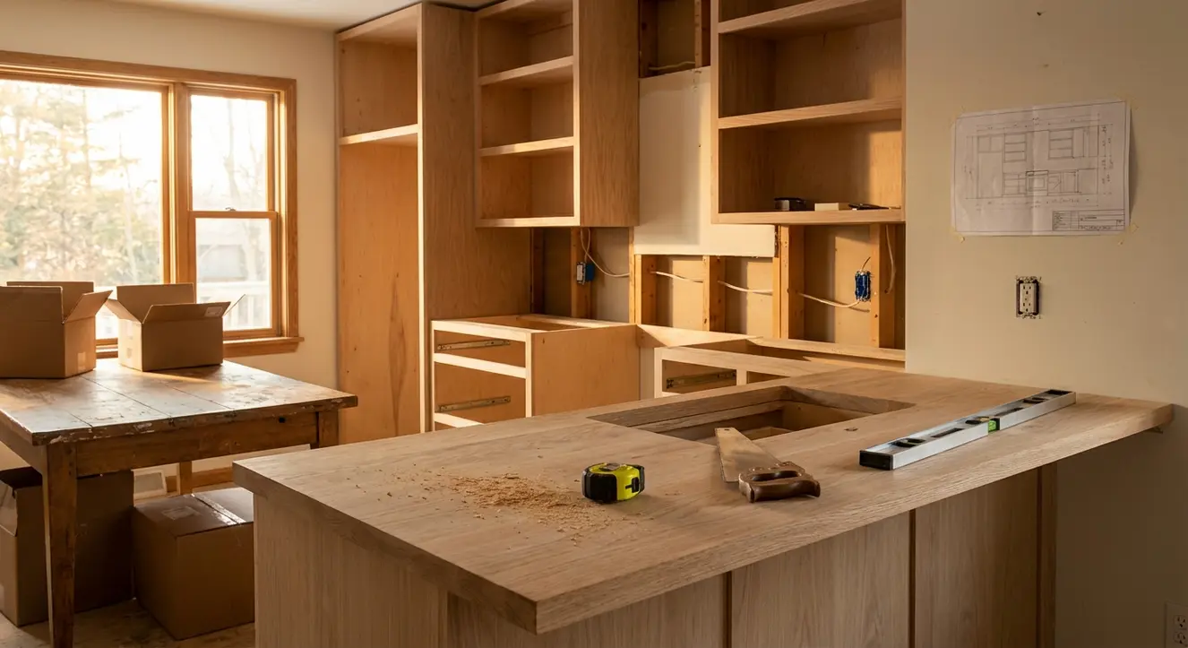Scène intérieure d’une cuisine en cours d’installation, avec outils de menuiserie, ébauche de plan de travail, ambiance chaude et bois brut