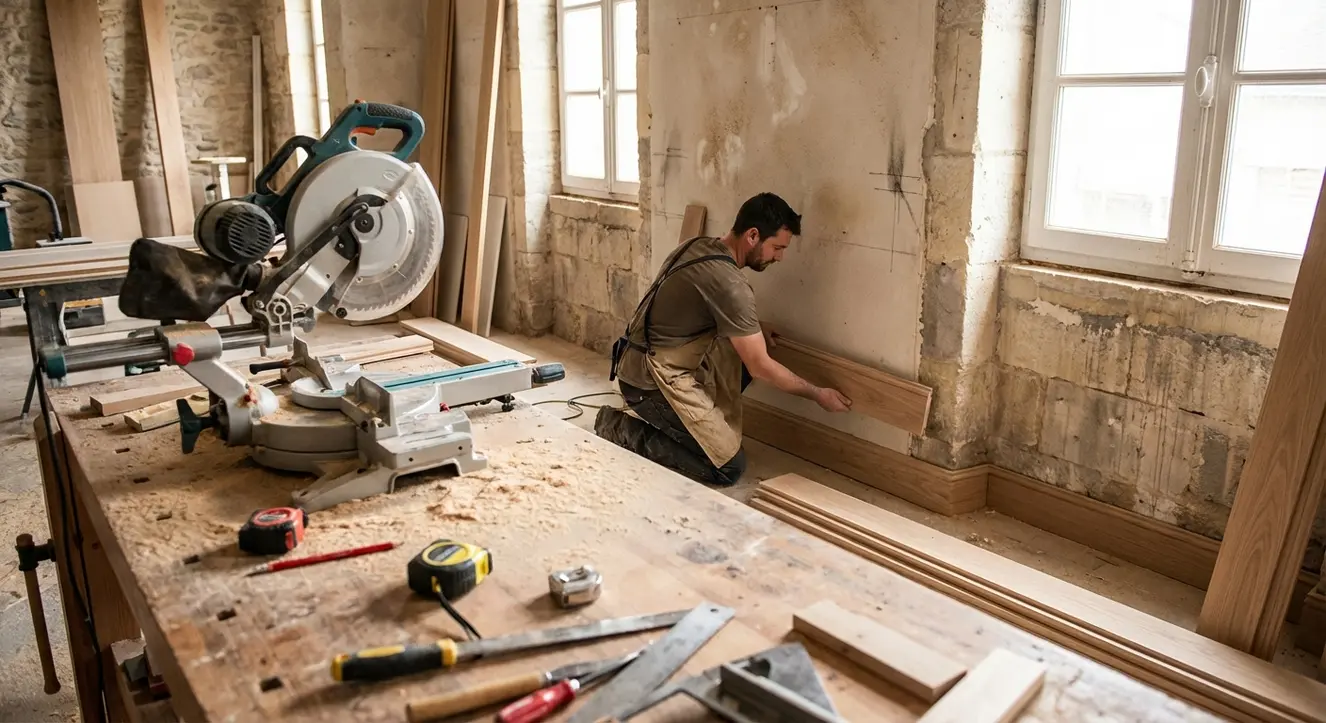 Atelier de menuiserie en plein travail, outils posés sur un établi poussiéreux avec un mur en arrière-plan montrant des plinthes en cours de pose