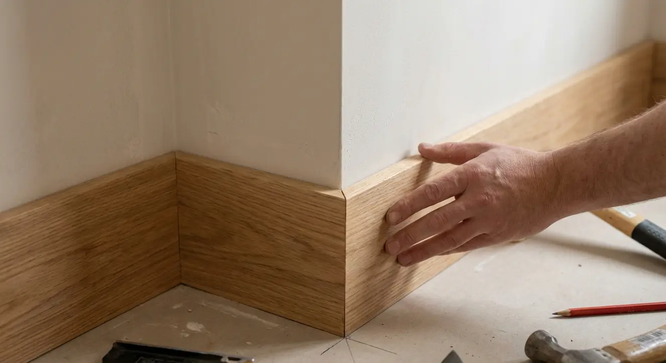 Gros plan sur une plinthe en bois massif huilé installée dans une pièce lumineuse avec un mur aux angles précis