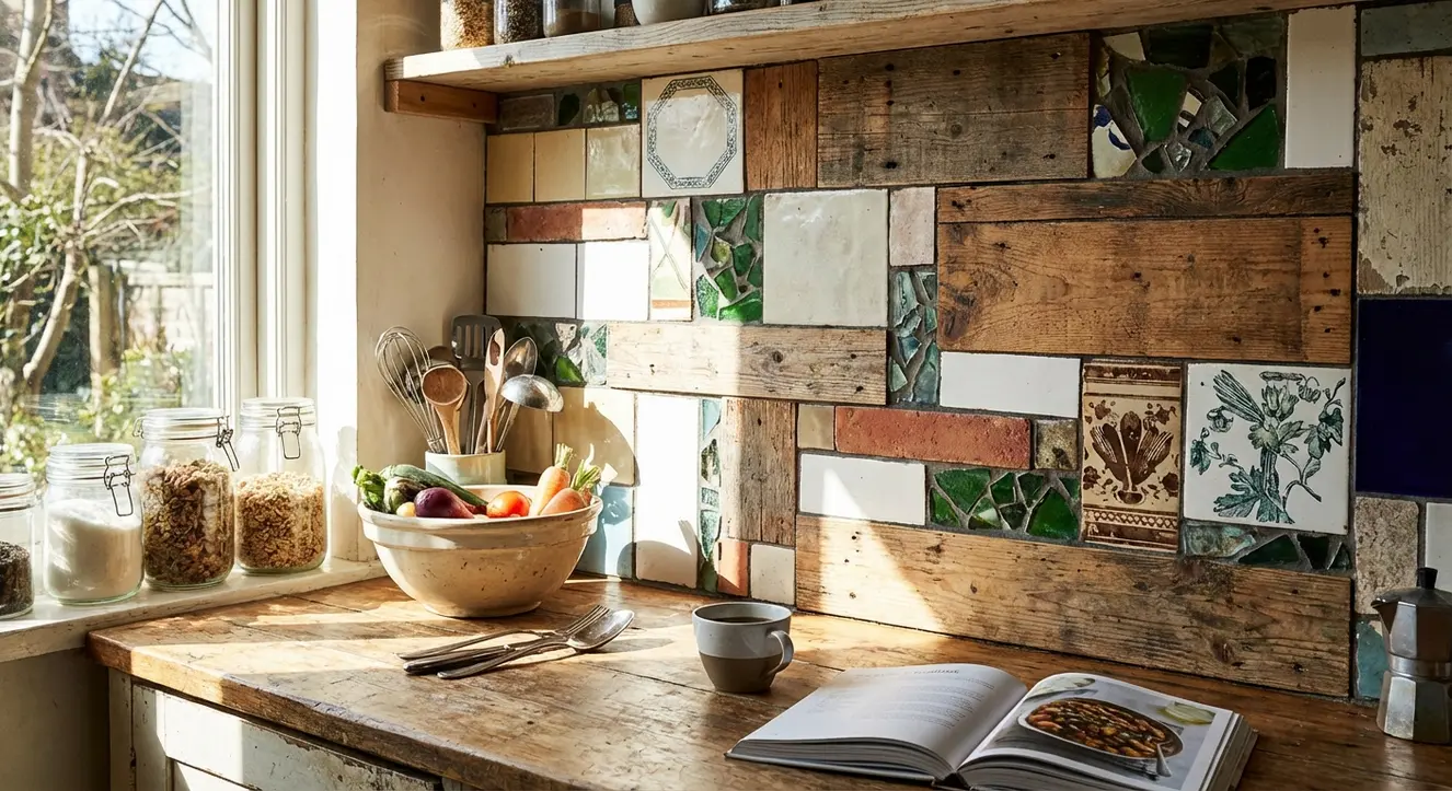 Plan serré d’une crédence cuisine avec de la lumière naturelle, montrant des matériaux variés et un espace de travail fonctionnel