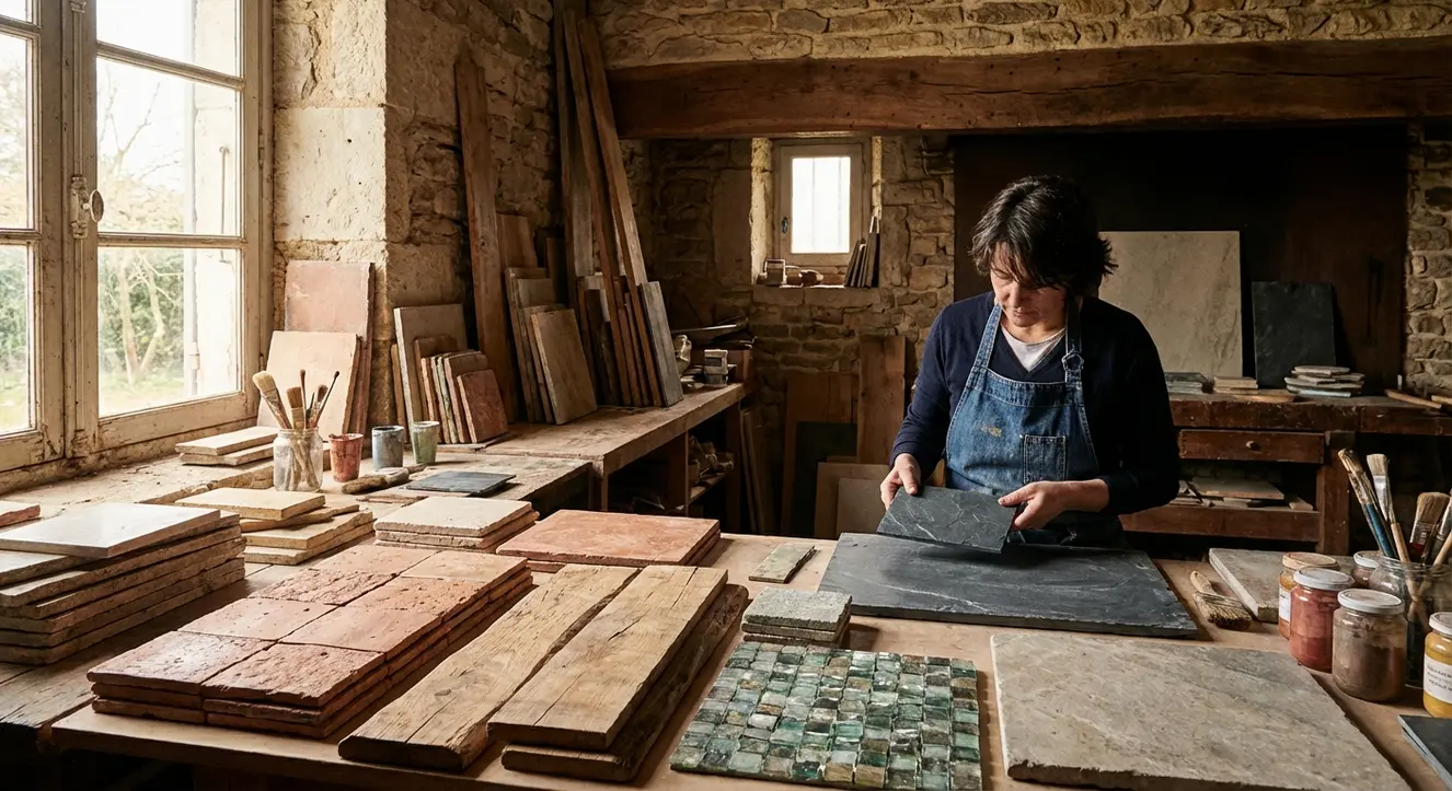 Atelier artisanal montrant des matériaux bruts et naturels pour crédences, lumière tamisée et ambiance authentique