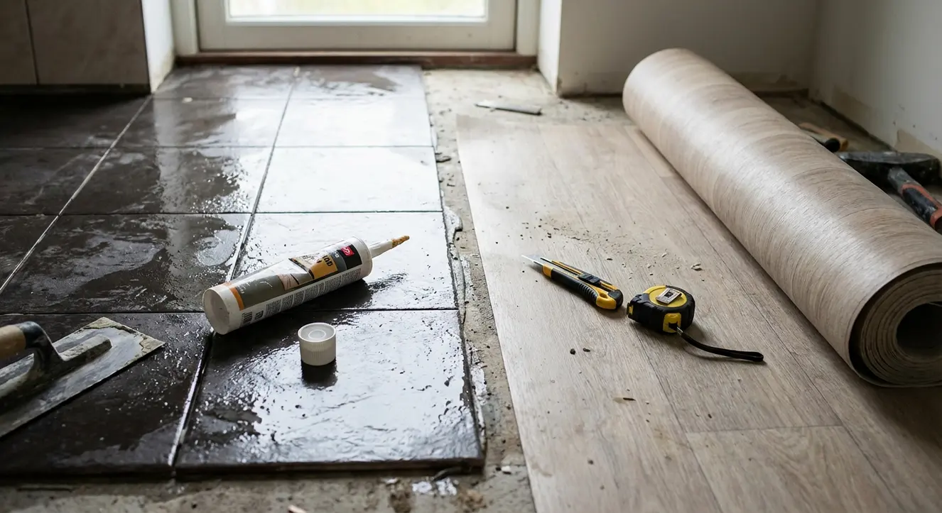 Gros plan d’une salle de bain en pleine rénovation, avec un sol carrelé encore humide, un tube de colle ouvert et un rouleau de vinyle prêt à être posé