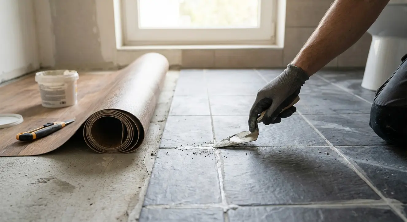 Vue rapprochée d’une main appliquant soigneusement du joint entre des carreaux, à côté d’un rouleau de vinyle prêt à être posé