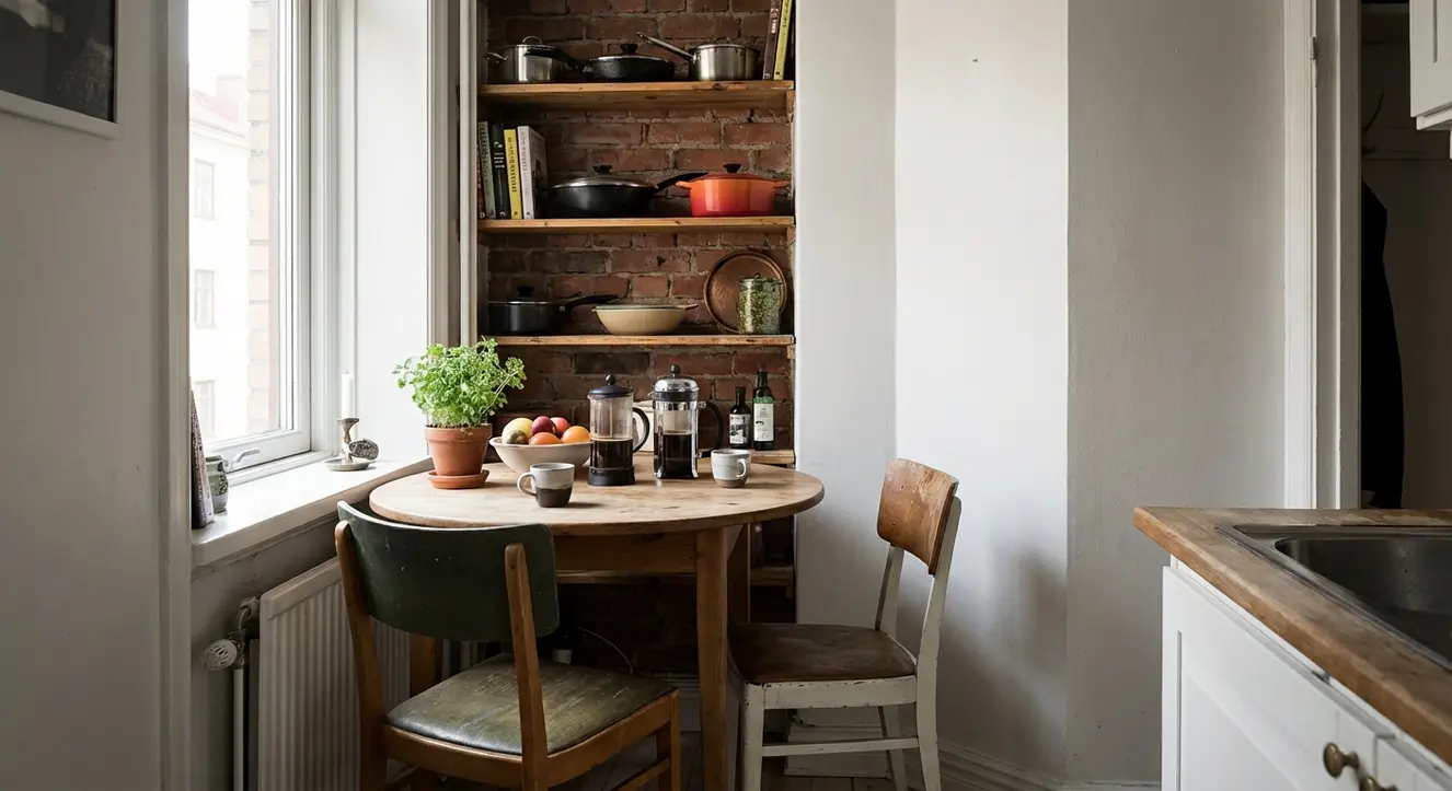 Une cuisine d’appartement avec une petite table en bois dans un coin restreint, lumière naturelle, ambiance conviviale
