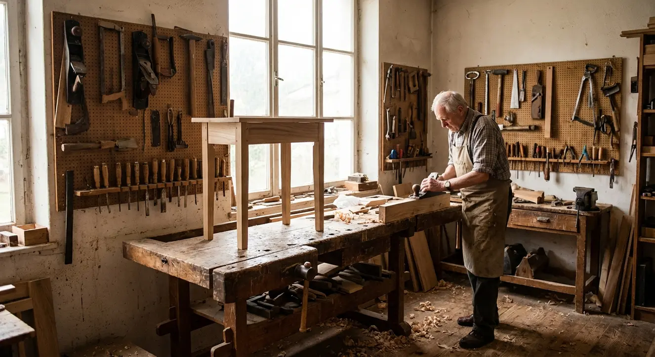 Un atelier d’ébénisterie avec des outils traditionnels et un établi en bois, ambiance authentique et artisanale