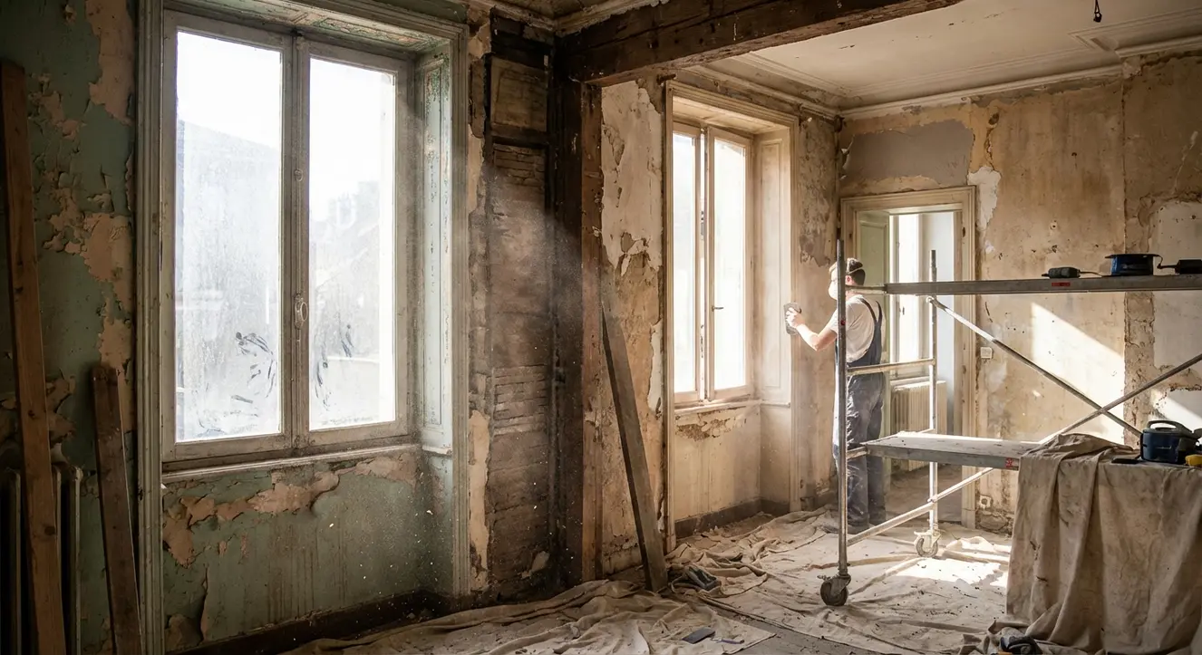 Intérieur d’un salon ancien grenoblois en cours de rénovation avec éclats de peinture, poussière en suspension, ambiance brute et authentique