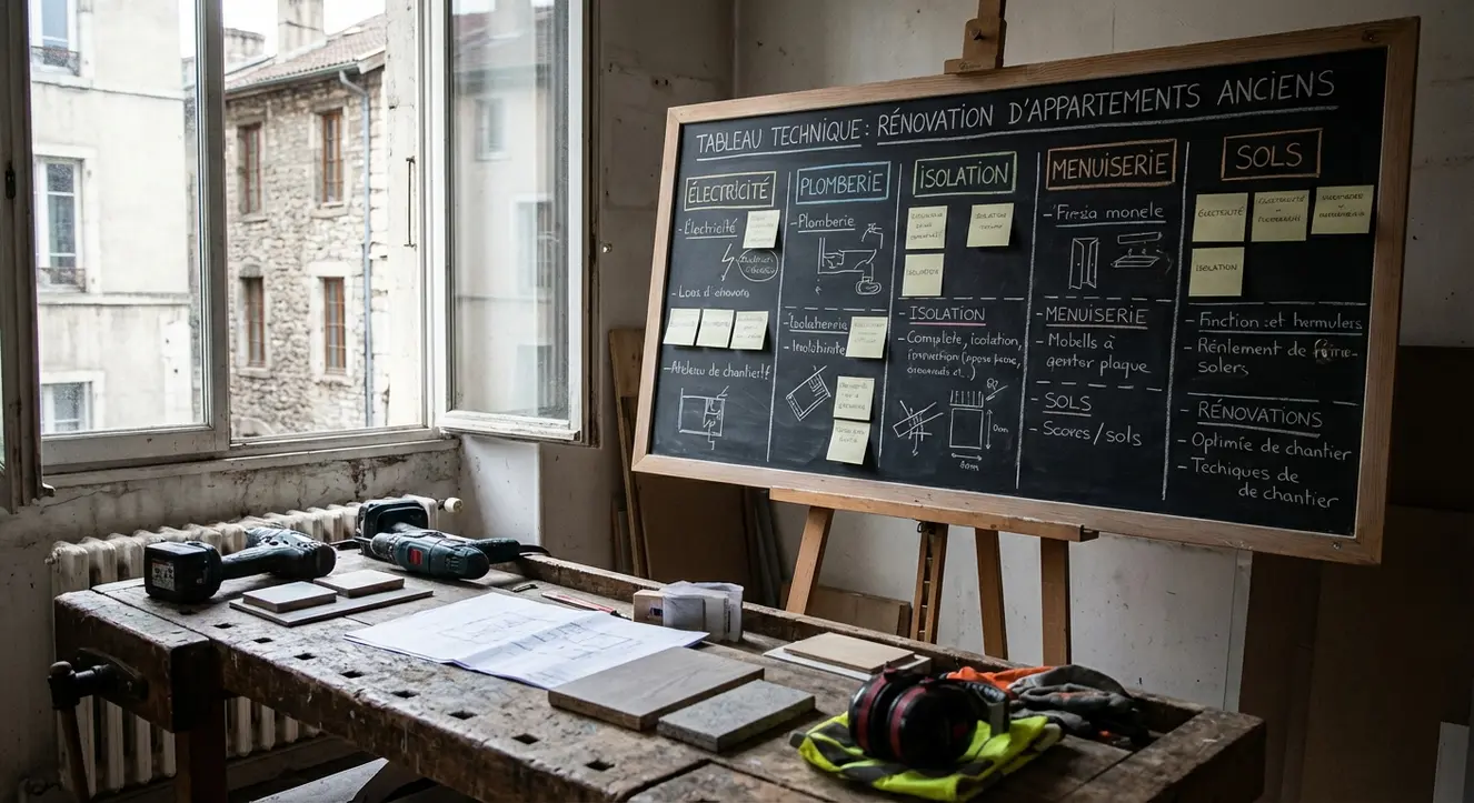 Tableau technique des postes clés d’une rénovation d’appartement ancien, atelier de chantier, ambiance pragmatique et professionnelle