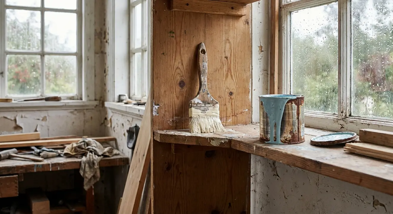 Une scène d’atelier de rénovation avec un pinceau maladroitement chargé, pot de peinture pâteux ouvert sur une vieille étagère en pin, atmosphère d’après-pluie et lumière douce