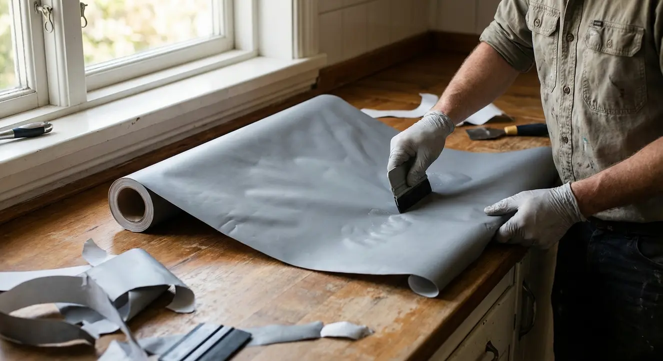 Gros plan atmosphérique sur un rouleau de film adhésif professionnel en cours de pose sur une surface de cuisine, lumière naturelle, mains expertes au travail