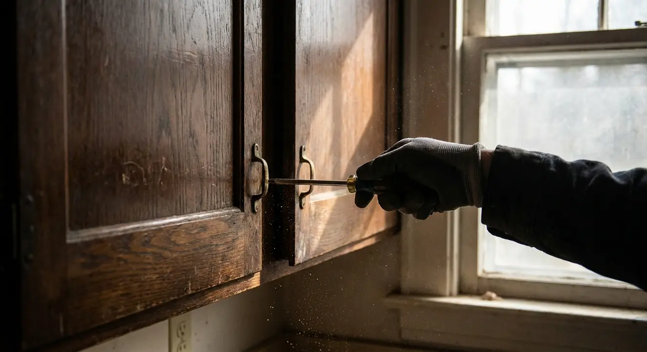 Une main d’ouvrier dévissant une vieille porte de cuisine en bois massif, poussière de bois en suspension, lumière naturelle tamisée