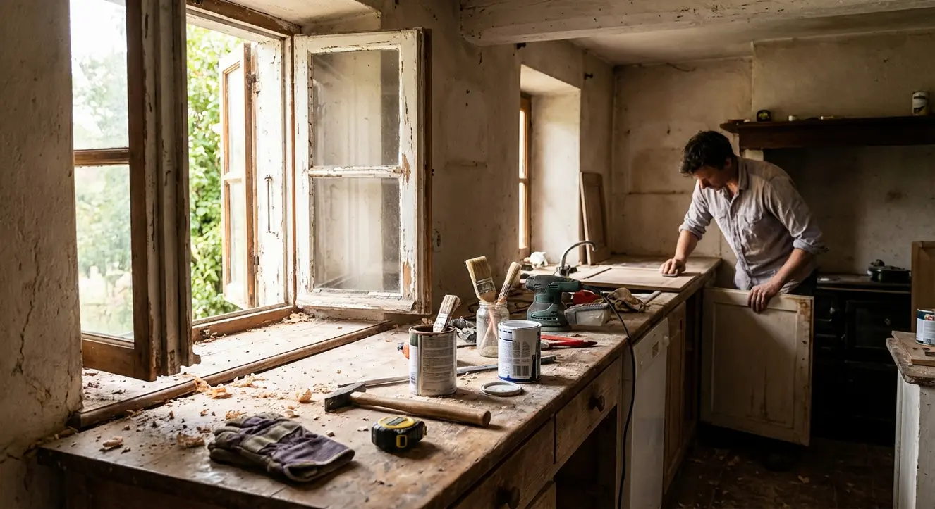 Scene d’un relooking de cuisine en plein chantier, outils posés sur un plan de travail ancien, lumière naturelle filtrée par une fenêtre ouverte