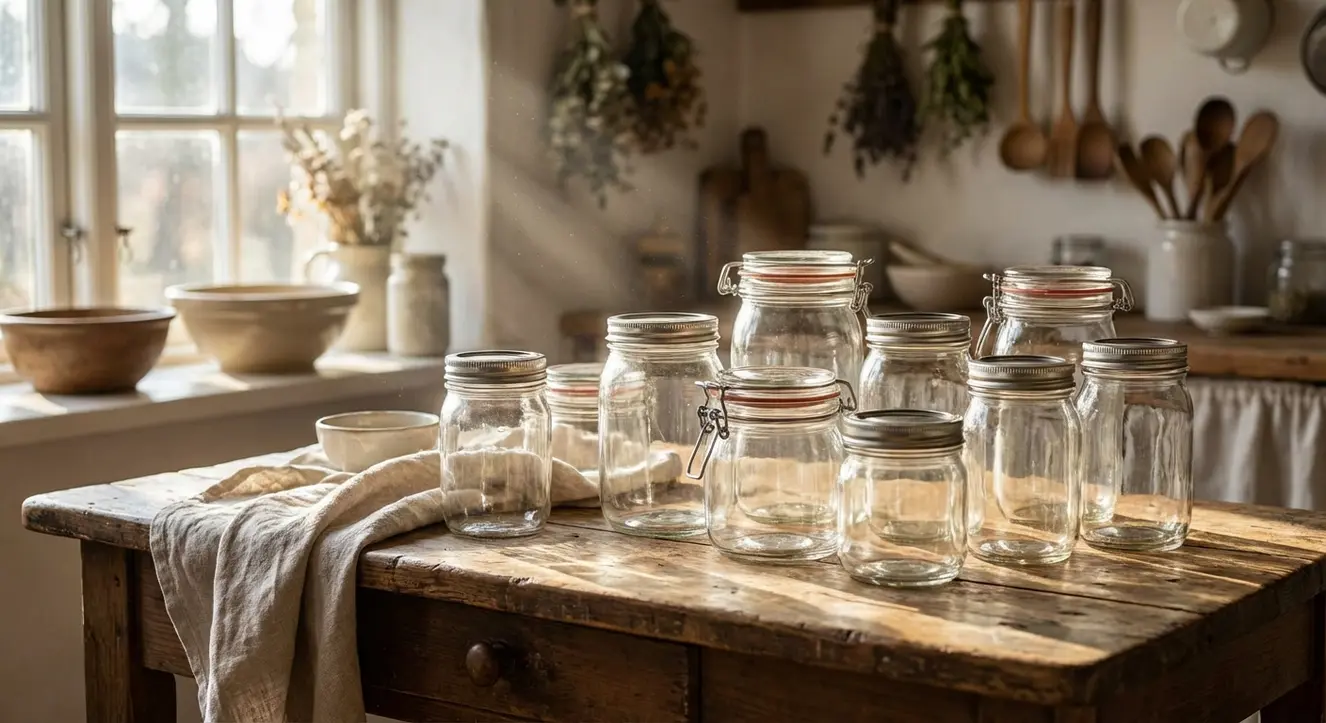 Bocaux en verre posés sur une table rustique, avec éclats de lumière naturelle et ambiance de cuisine artisanale