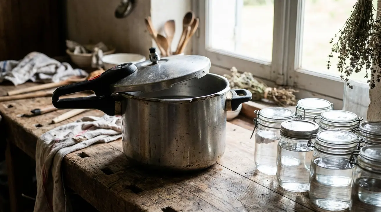 Gros plan sur un autocuiseur et des bocaux en verre prêts à être stérilisés sur un plan de travail en bois brut, ambiance atelier