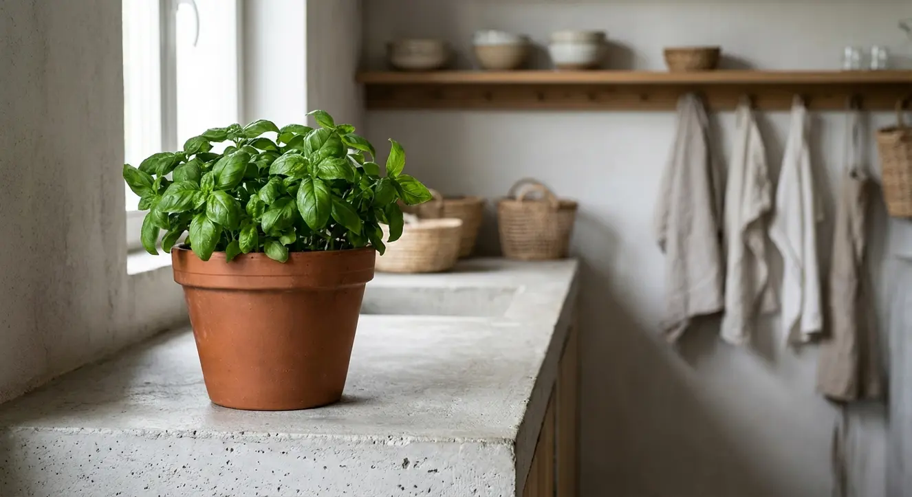 Gros plan lumineux sur un pot de basilic vert éclatant posé sur un plan de travail en béton brut dans une cuisine à l’ambiance naturelle et épurée
