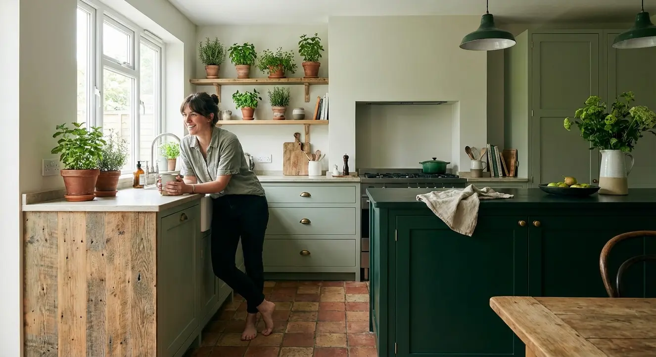 Ambiance chaleureuse d’une cuisine moderne où la lumière naturelle révèle différentes nuances de vert sur les façades et éléments décoratifs
