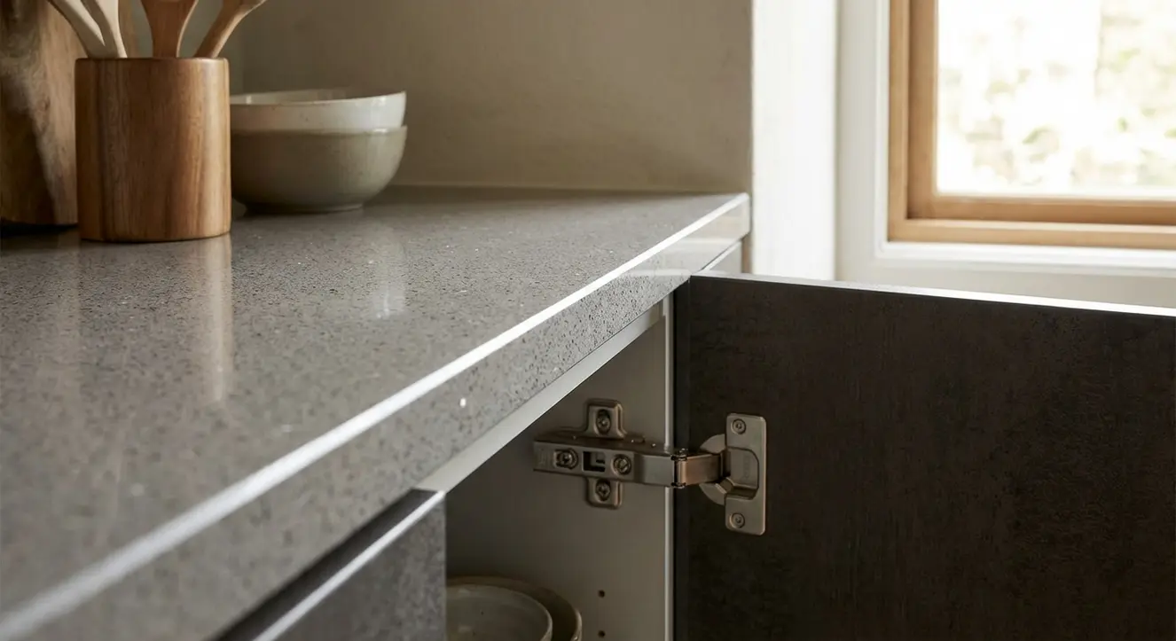 Détail précis d’un plan de travail en quartz avec chant laser, accompagnement de charnières Blum et éléments de cuisine en MDF hydrofuge