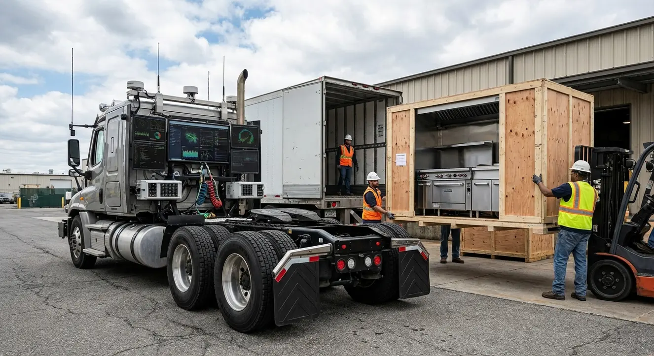 Scène d’un camion équipé de capteurs sophistiqués et de suspensions renforcées, prêt à charger des équipements industriels lourds
