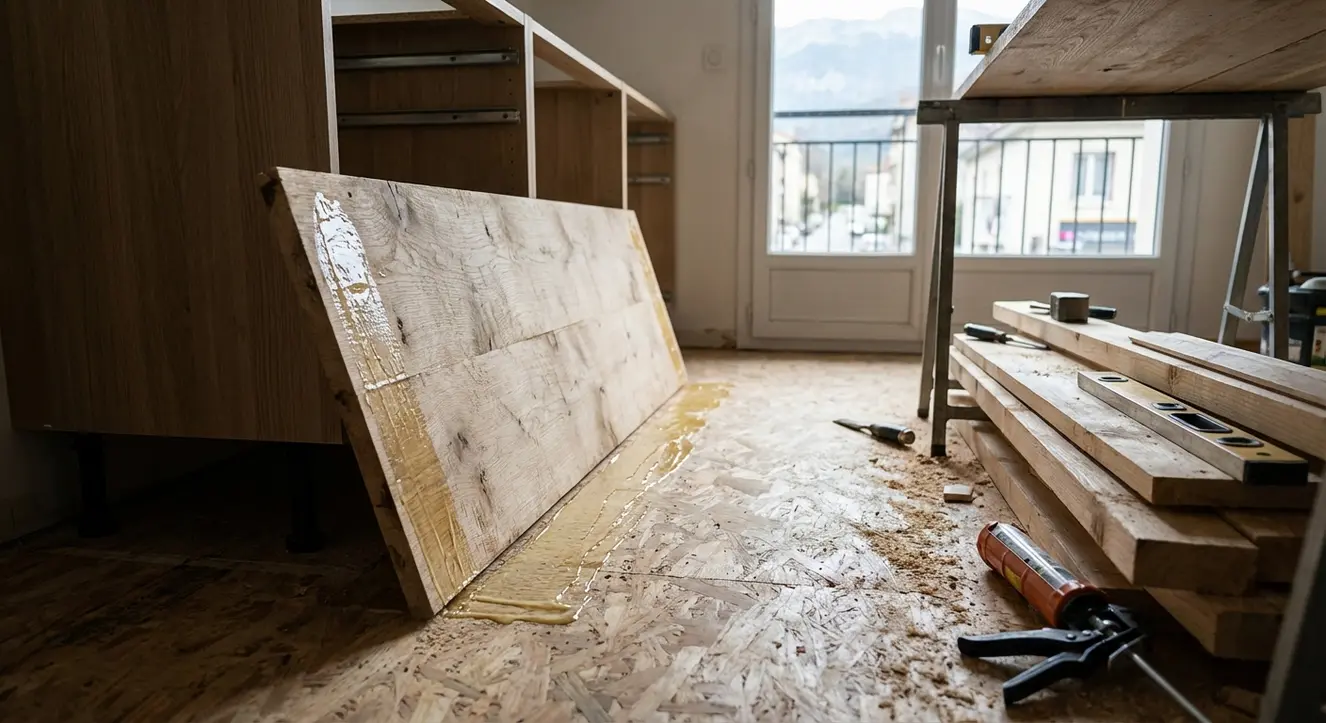 Trouver un poseur de cuisine indépendant à Grenoble - Illustration Intérieur d’une cuisine en chantier avec une planche de bois détachée, détails sur la colle fraîche et surface de bois texturée