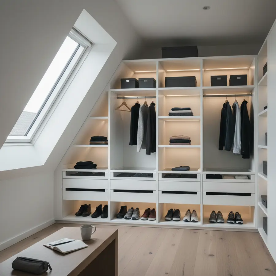 Aménagement : meuble sous pente moderne avec rangement organisé et éclairage LED