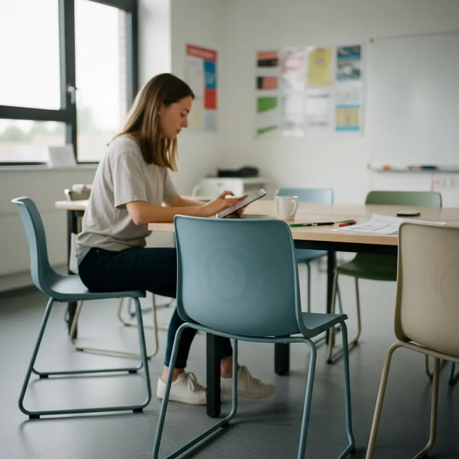 Chaise d'école pas cher en matériaux recyclés dans une salle de classe lumineuse