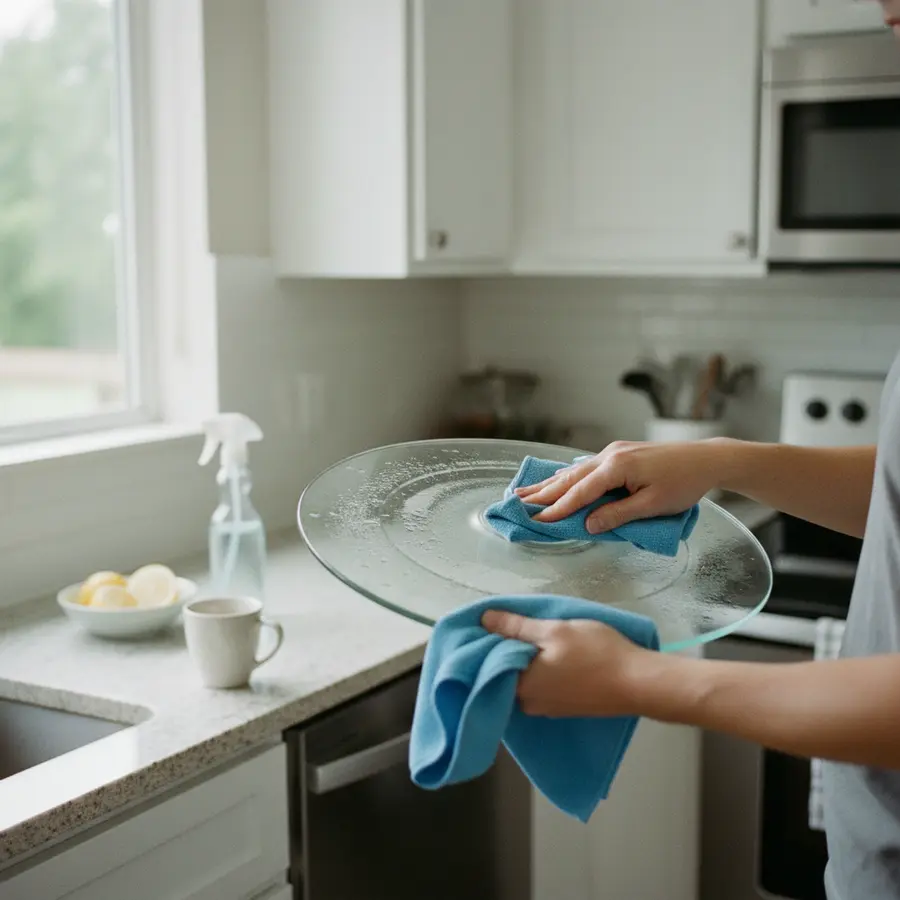 Comment Nettoyer son Micro-Onde ? 3 Astuces Express et Naturelles - Photo Comment nettoyer son micro-onde : personne nettoyant la tourneuse en microfibre