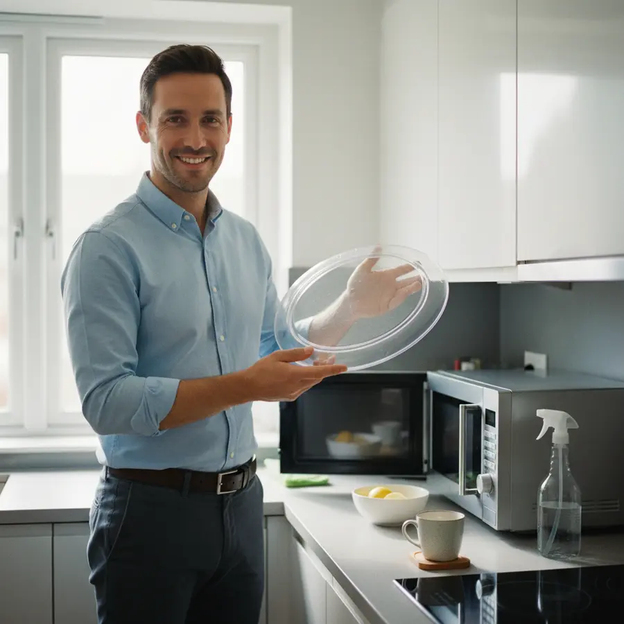 Comment Nettoyer son Micro-Onde ? 3 Astuces Express et Naturelles - Photo Homme nettoyant son micro-ondes avec la méthode naturelle pour nettoyer son micro-ondes