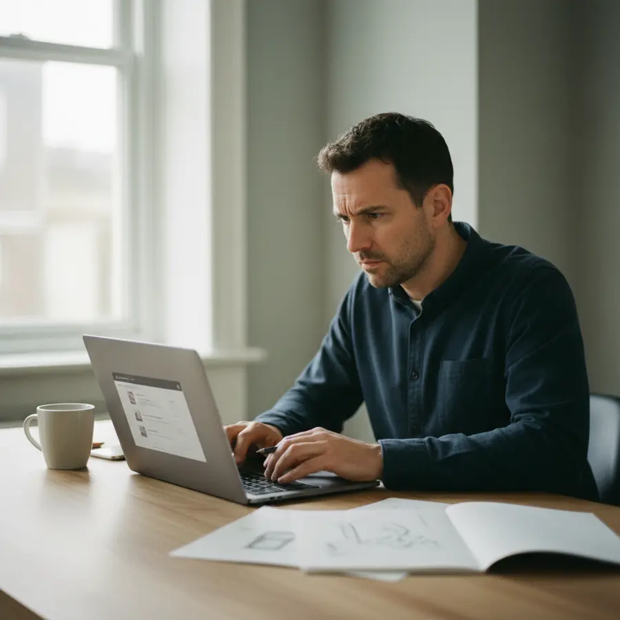 Devis cuisine en ligne : client comparant plusieurs devis frustré sur ordinateur