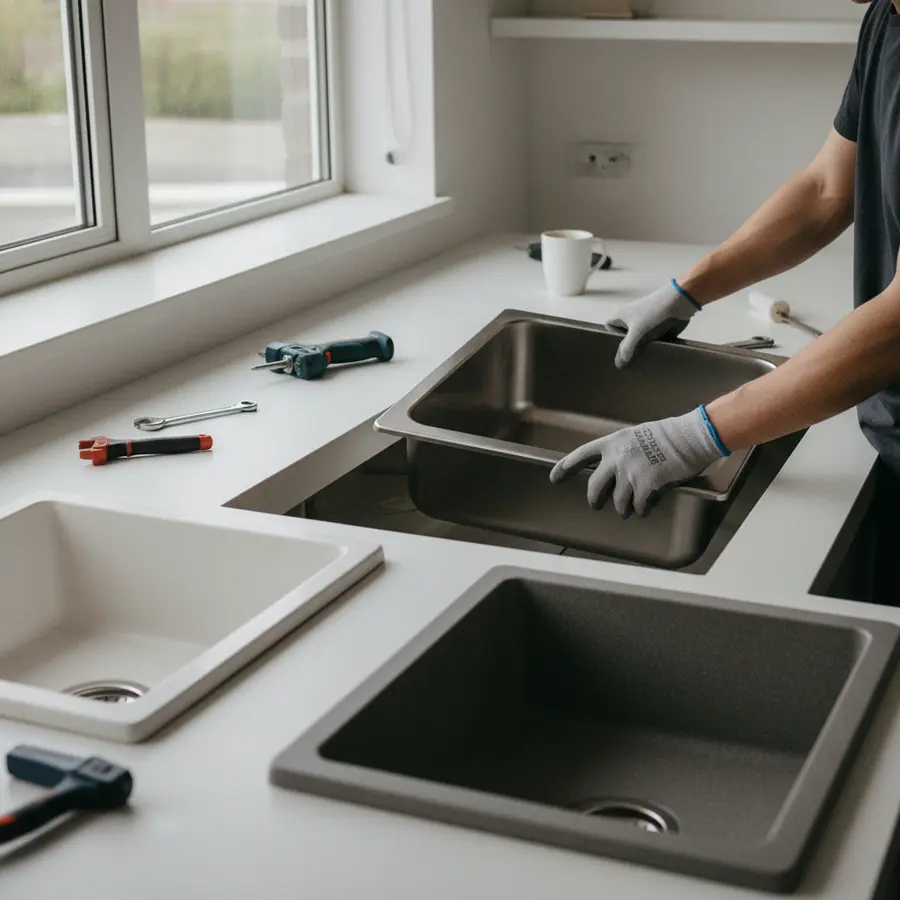 Remplacement d’un évier à poser en inox dans une cuisine.