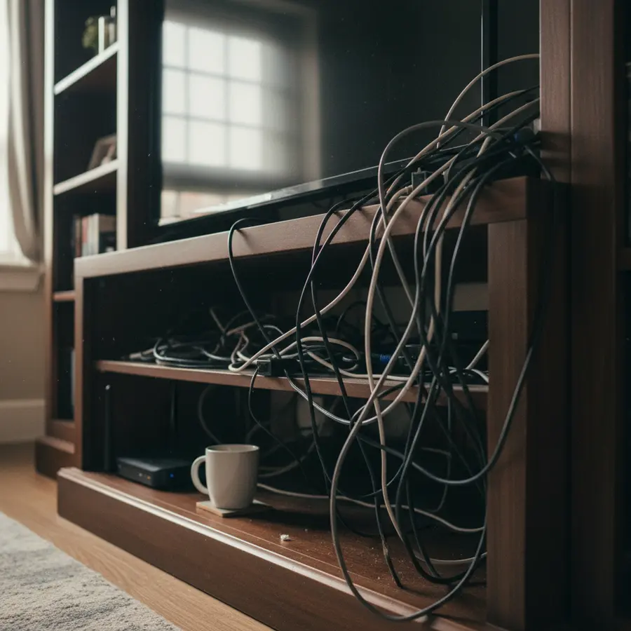 Meuble TV bibliothèque avec câbles multimédia emmêlés, décoration et organisation naturelles