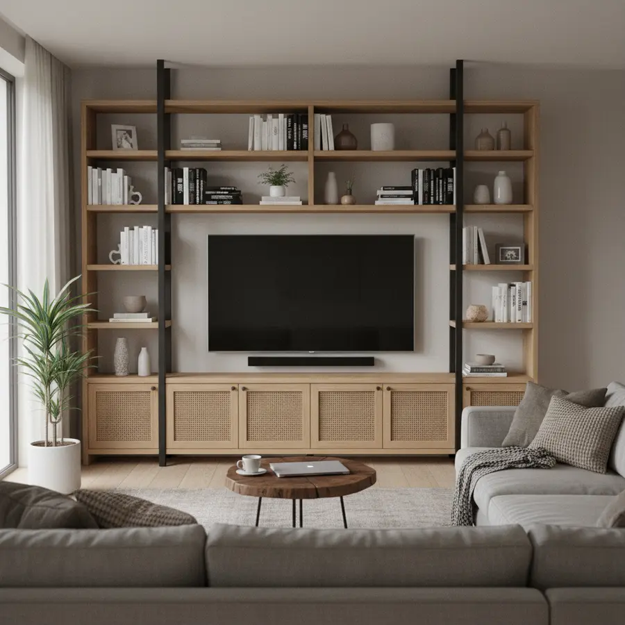 Meuble TV bibliothèque moderne pour multimédia et décoration dans salon cosy