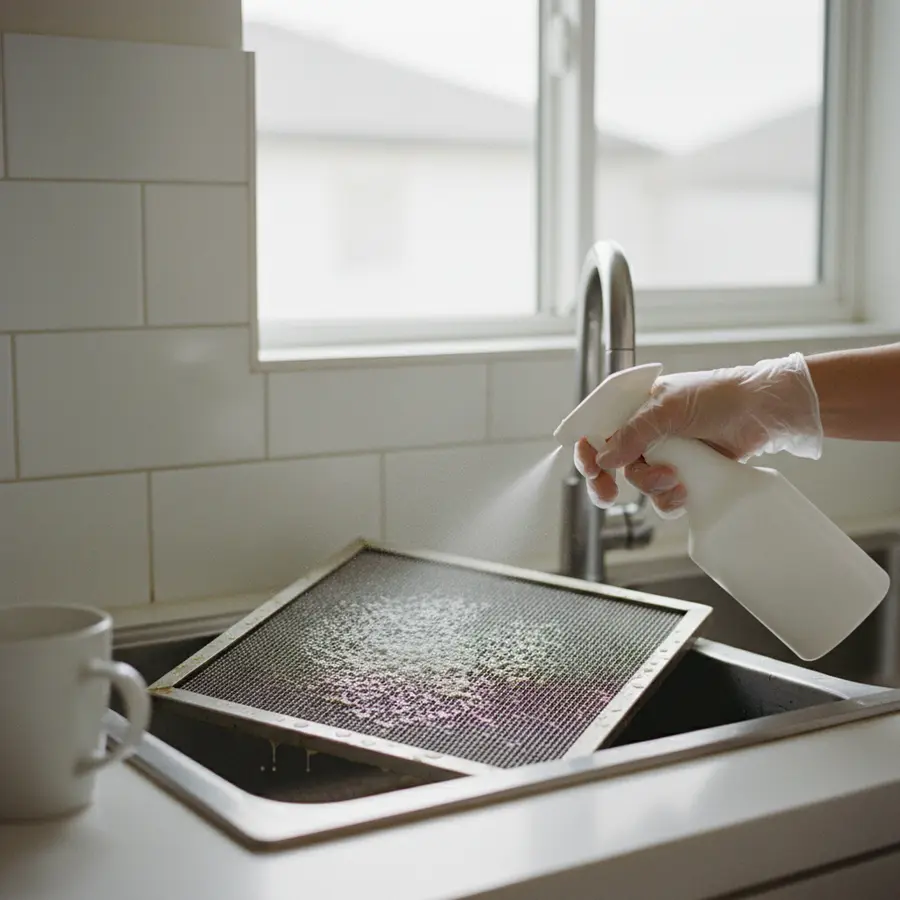 Nettoyer une grille de hotte avec spray de nettoyage, méthode naturelle efficace