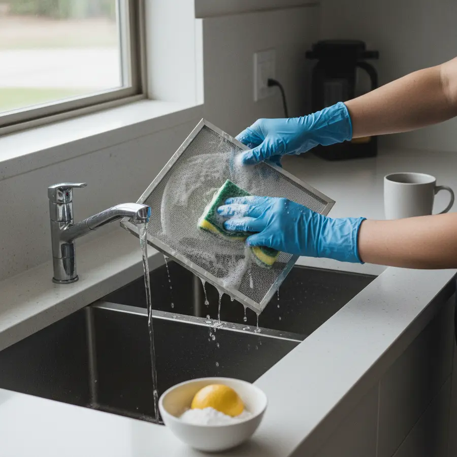 Nettoyer une grille de hotte avec des mains gantées, méthode naturelle efficace
