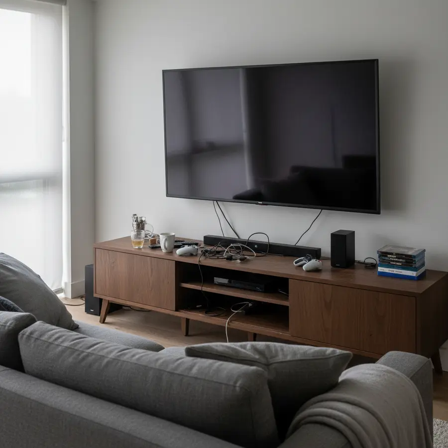 Optimisation salon : le choix d'un meuble TV avec rangements cachés - Photo Optimisation salon : meuble TV avec rangements cachés pour un espace ordonné