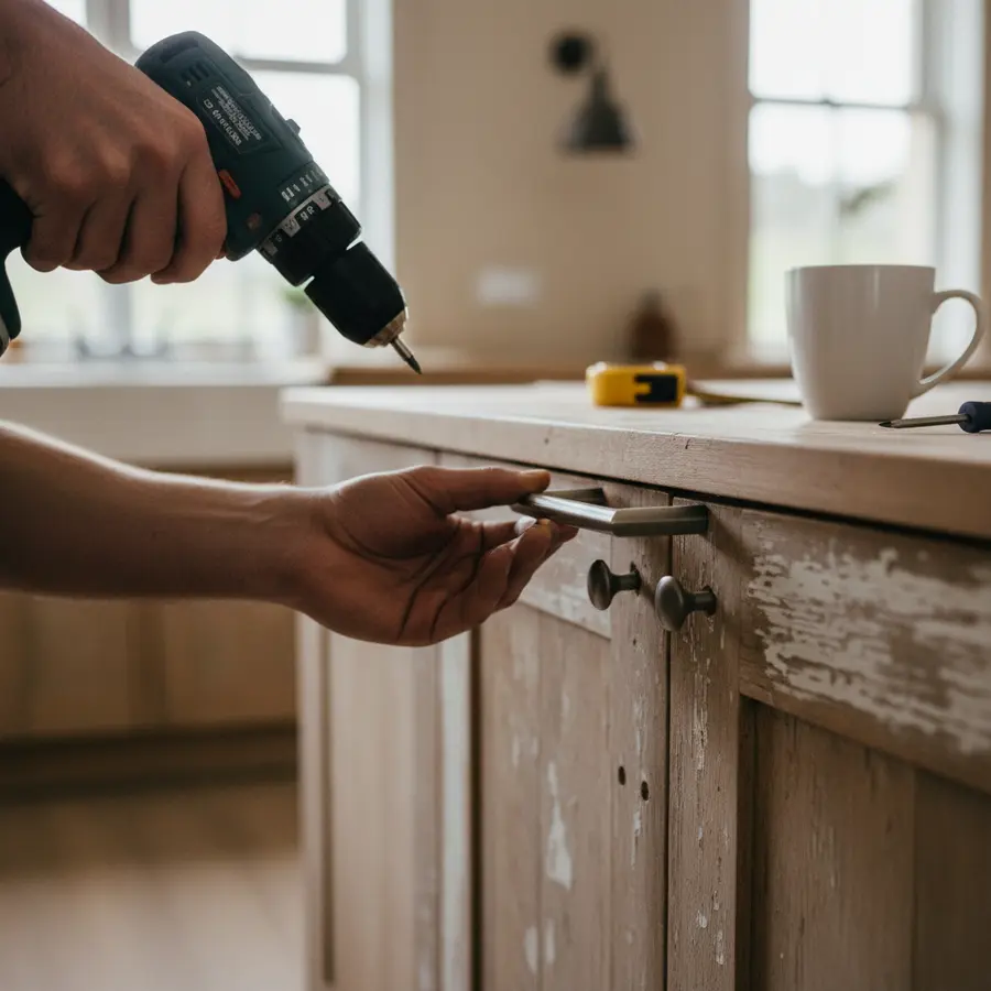 Rénover une cuisine rustique avec poignées modernes sur vieux meubles en bois