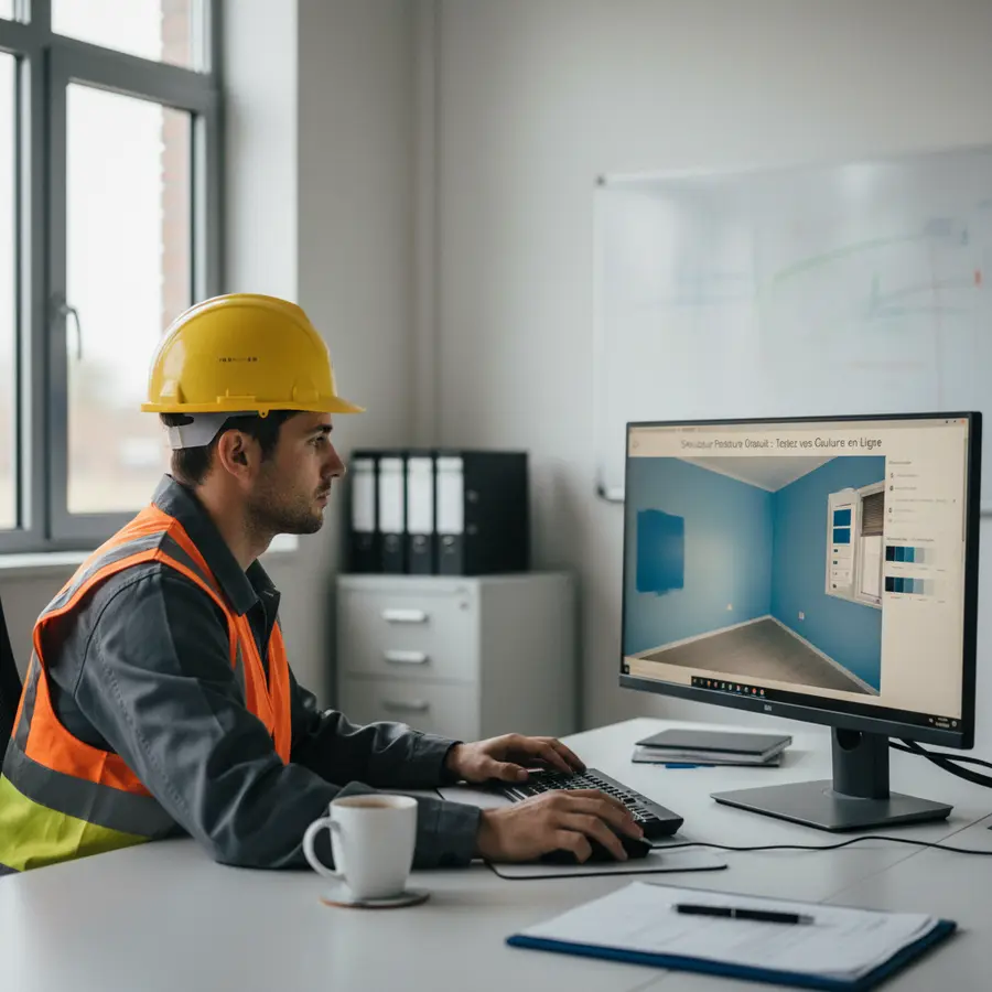 Simulateur peinture gratuit : ouvrier avec casque testant ses couleurs en ligne