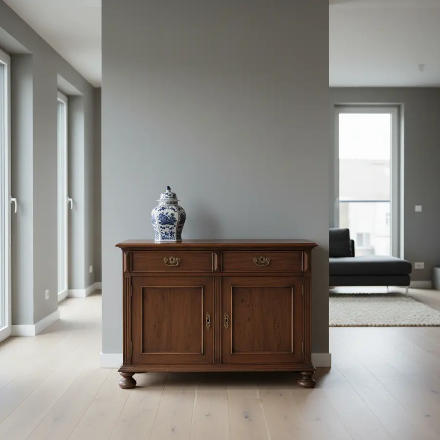 Style Cottage : meuble vintage anglais dans une maison moderne minimaliste