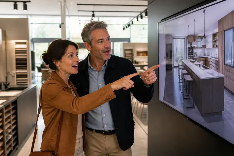 Couple français examinant une simulation 3D d'une cuisine moderne dans un showroom Ixina, évaluant le design et le budget.
