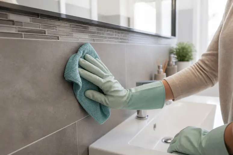 Des mains gantées nettoient délicatement une crédence de salle de bain grise avec un chiffon microfibre.