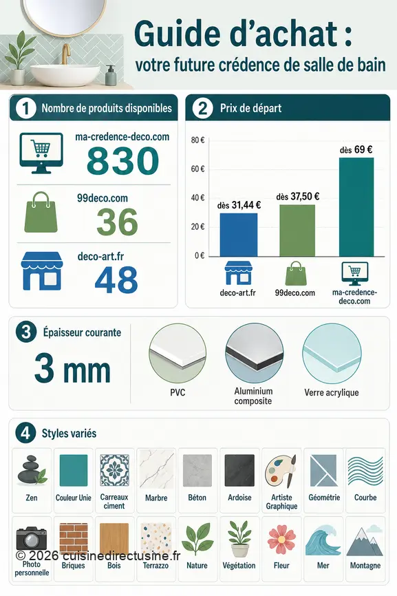 Comparaison des crédences de salle de bain : nombre de produits, prix de départ, matériaux et styles disponibles.