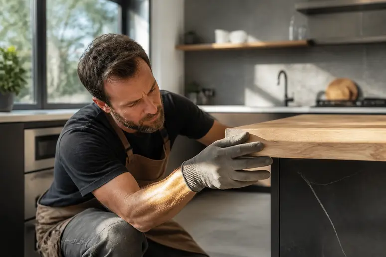 Artisan vérifiant méticuleusement le chant d'un plan de travail en bois massif pour assurer une finition impeccable.