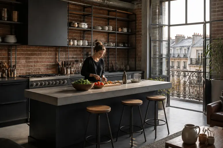 Cuisine industrielle parisienne avec briques apparentes, îlot en béton et étagères ouvertes chargées d'ustensiles.