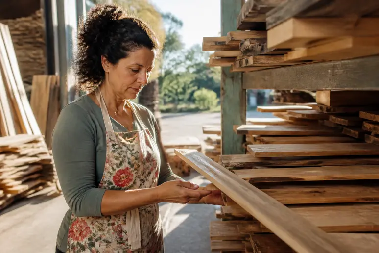Une femme sélectionne des planches de bois dans une scierie, lumière naturelle, ambiance de chantier authentique et chaleureuse.