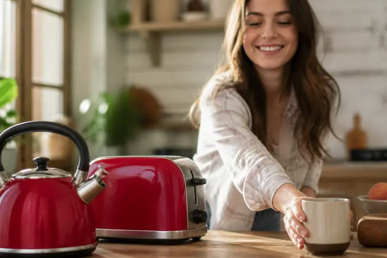 Une bouilloire rouge et un grille-pain au look rétro trônent sur un plan de travail en bois, lumière naturelle et conviviale.