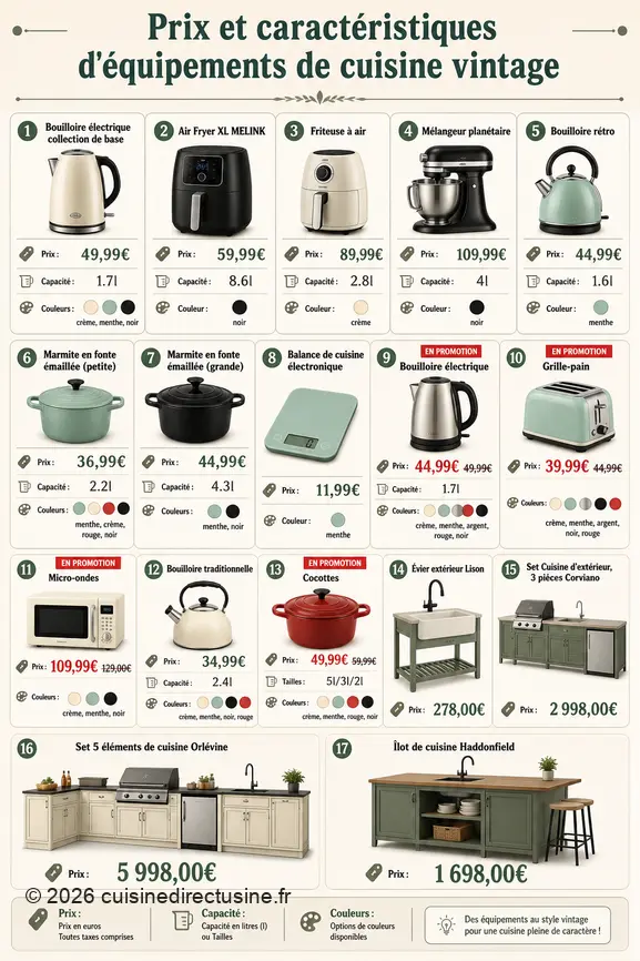 Comparaison des prix et capacités de divers équipements pour une cuisine au style vintage.